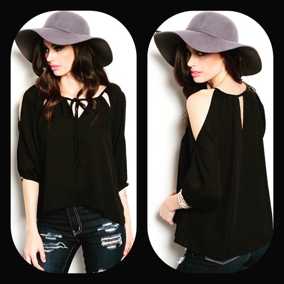 Be.You.Tiful Tops - Black Open Shoulder Blouse